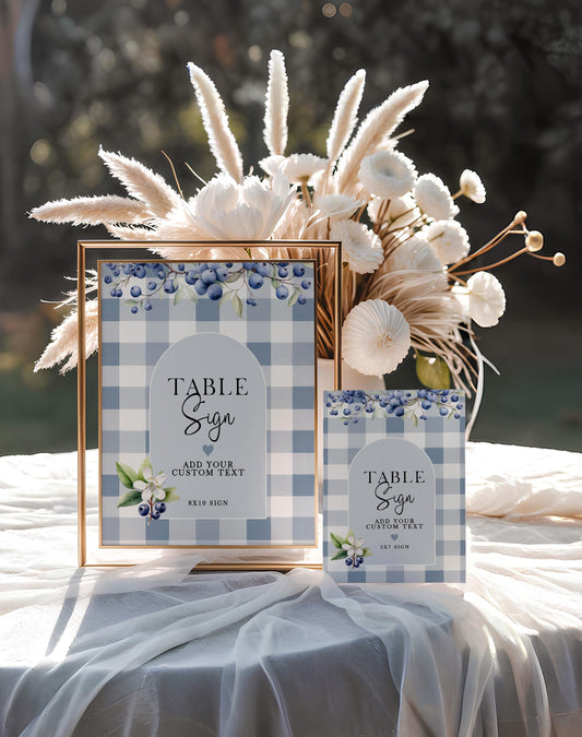 Blueberry Gingham Table Sign, Editable Table Sign Template, 5x7 & 8x10, Printable Table Decor, Blue Berry Wedding Sign – Corjl Template BL21