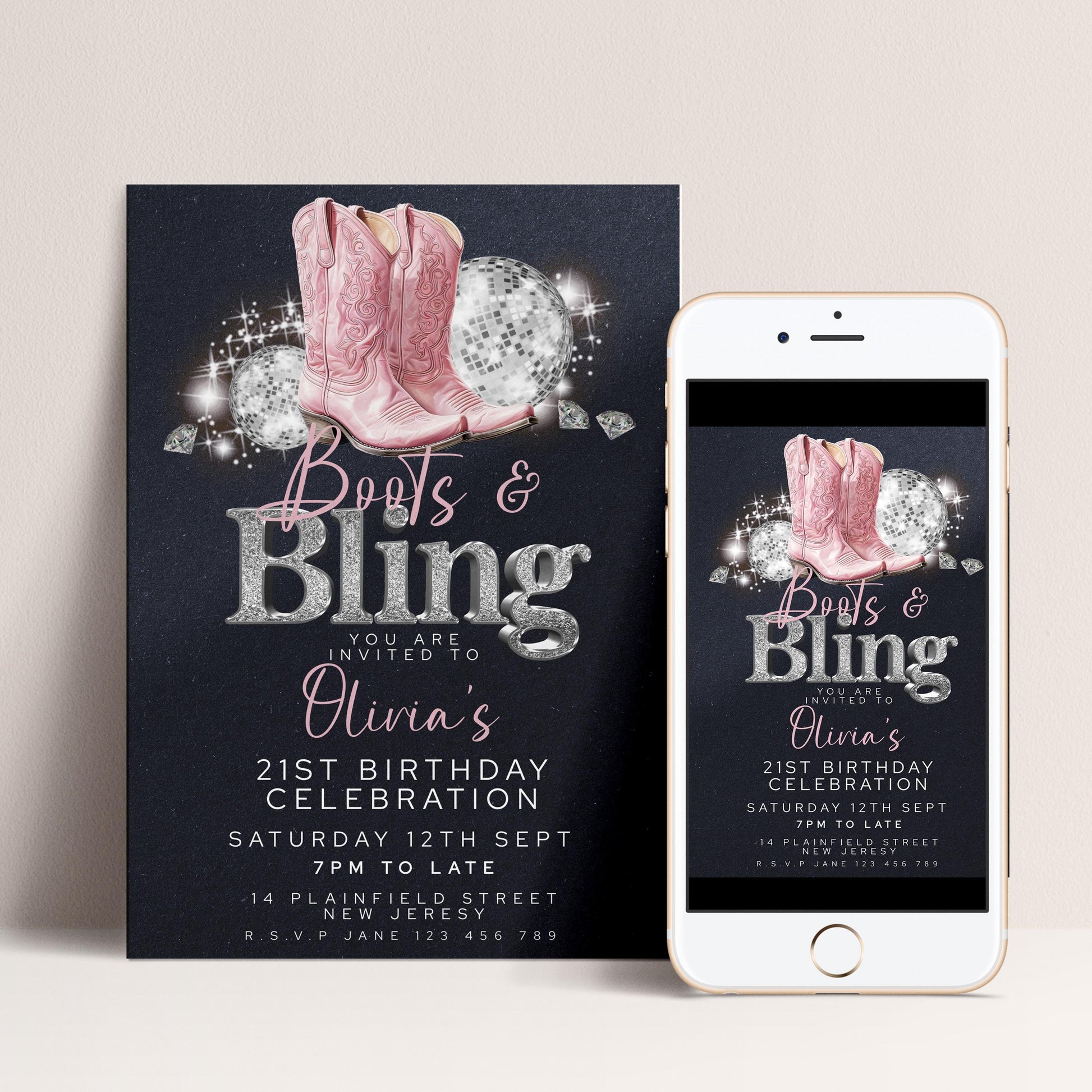 Boots and Bling 21st Birthday Invitation for Her Editable Corjl Template Cowgirl Disco Party Invite Pink Glitter Western Theme Printable