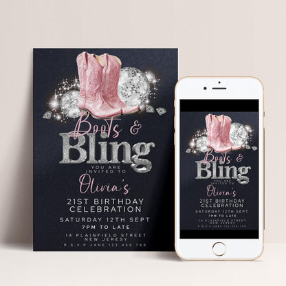 Boots and Bling 21st Birthday Invitation for Her Editable Corjl Template Cowgirl Disco Party Invite Pink Glitter Western Theme Printable