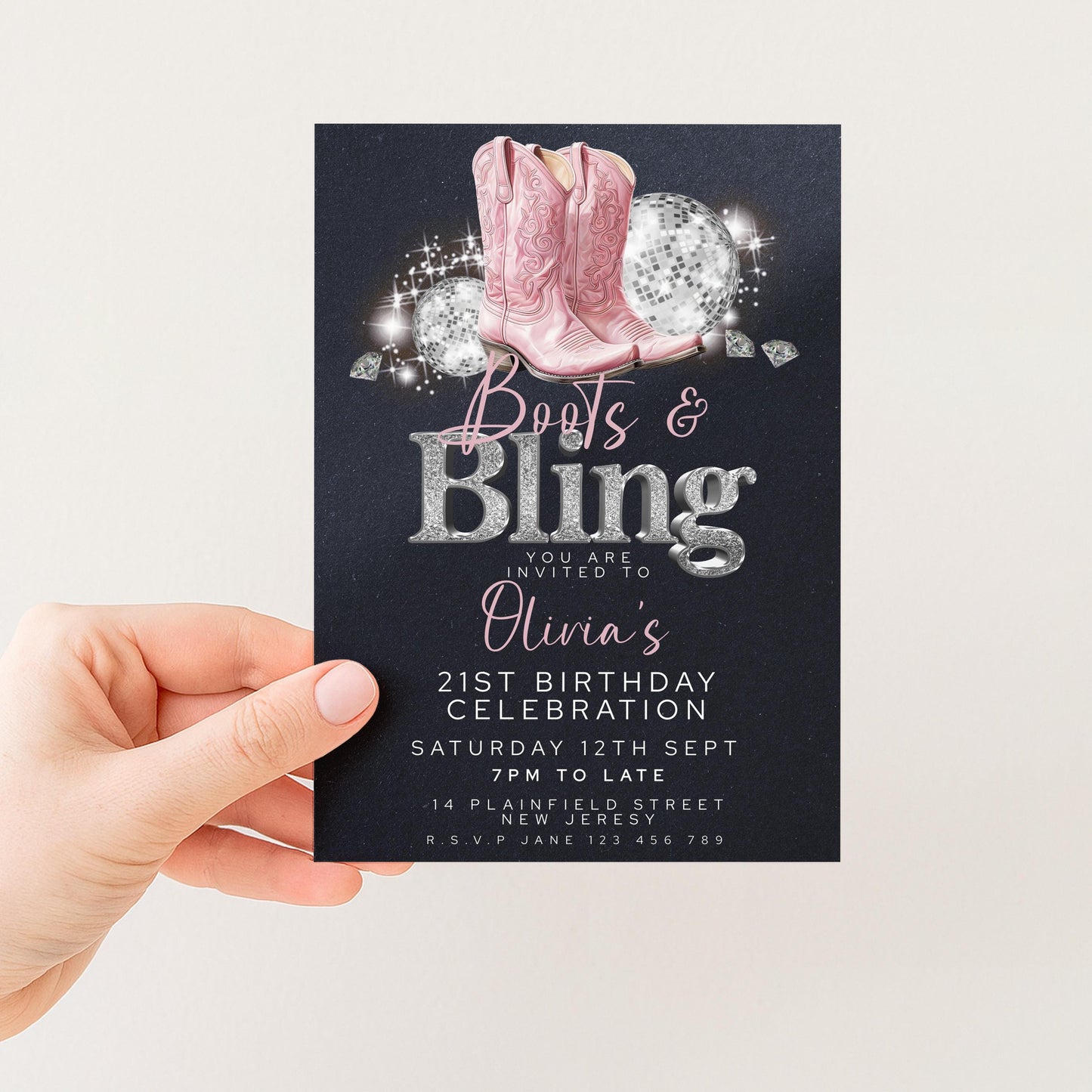 Boots and Bling 21st Birthday Invitation for Her Editable Corjl Template Cowgirl Disco Party Invite Pink Glitter Western Theme Printable