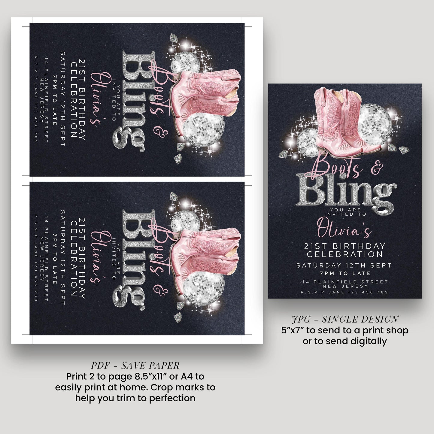 Boots and Bling 21st Birthday Invitation for Her Editable Corjl Template Cowgirl Disco Party Invite Pink Glitter Western Theme Printable