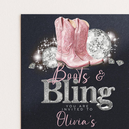 Boots and Bling 21st Birthday Invitation for Her Editable Corjl Template Cowgirl Disco Party Invite Pink Glitter Western Theme Printable