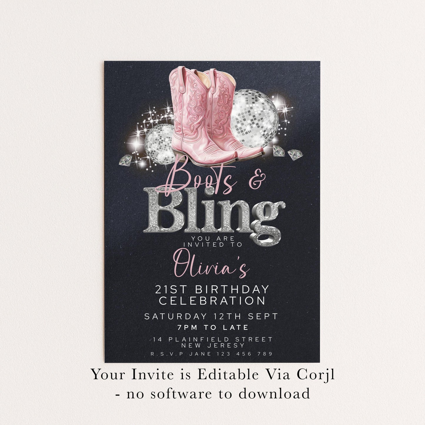 Boots and Bling 21st Birthday Invitation for Her Editable Corjl Template Cowgirl Disco Party Invite Pink Glitter Western Theme Printable