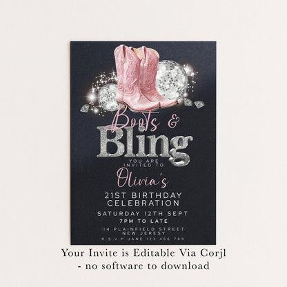 Boots and Bling 21st Birthday Invitation for Her Editable Corjl Template Cowgirl Disco Party Invite Pink Glitter Western Theme Printable