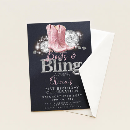 Boots and Bling 21st Birthday Invitation for Her Editable Corjl Template Cowgirl Disco Party Invite Pink Glitter Western Theme Printable