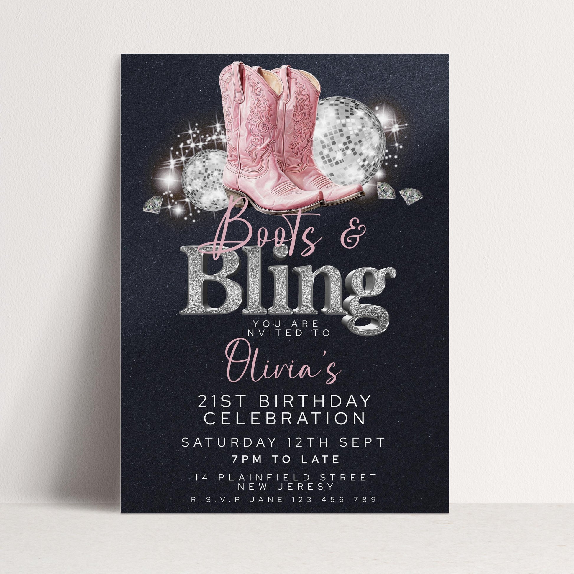 Boots and Bling 21st Birthday Invitation for Her Editable Corjl Template Cowgirl Disco Party Invite Pink Glitter Western Theme Printable