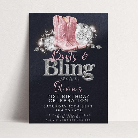 Boots and Bling 21st Birthday Invitation for Her Editable Corjl Template Cowgirl Disco Party Invite Pink Glitter Western Theme Printable