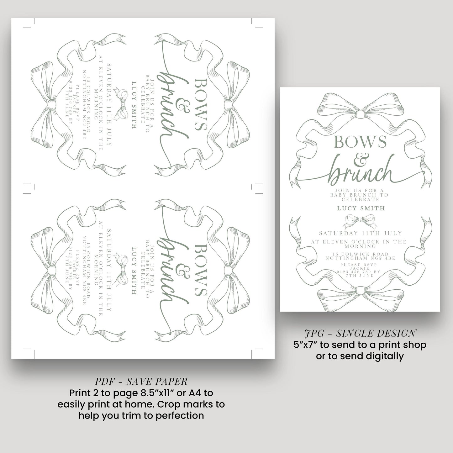 Bows and Brunch Baby Shower Invitation, Editable Green Brunch Invite, Baby Brunch Template for Girls, Printable Corjl Download PT20