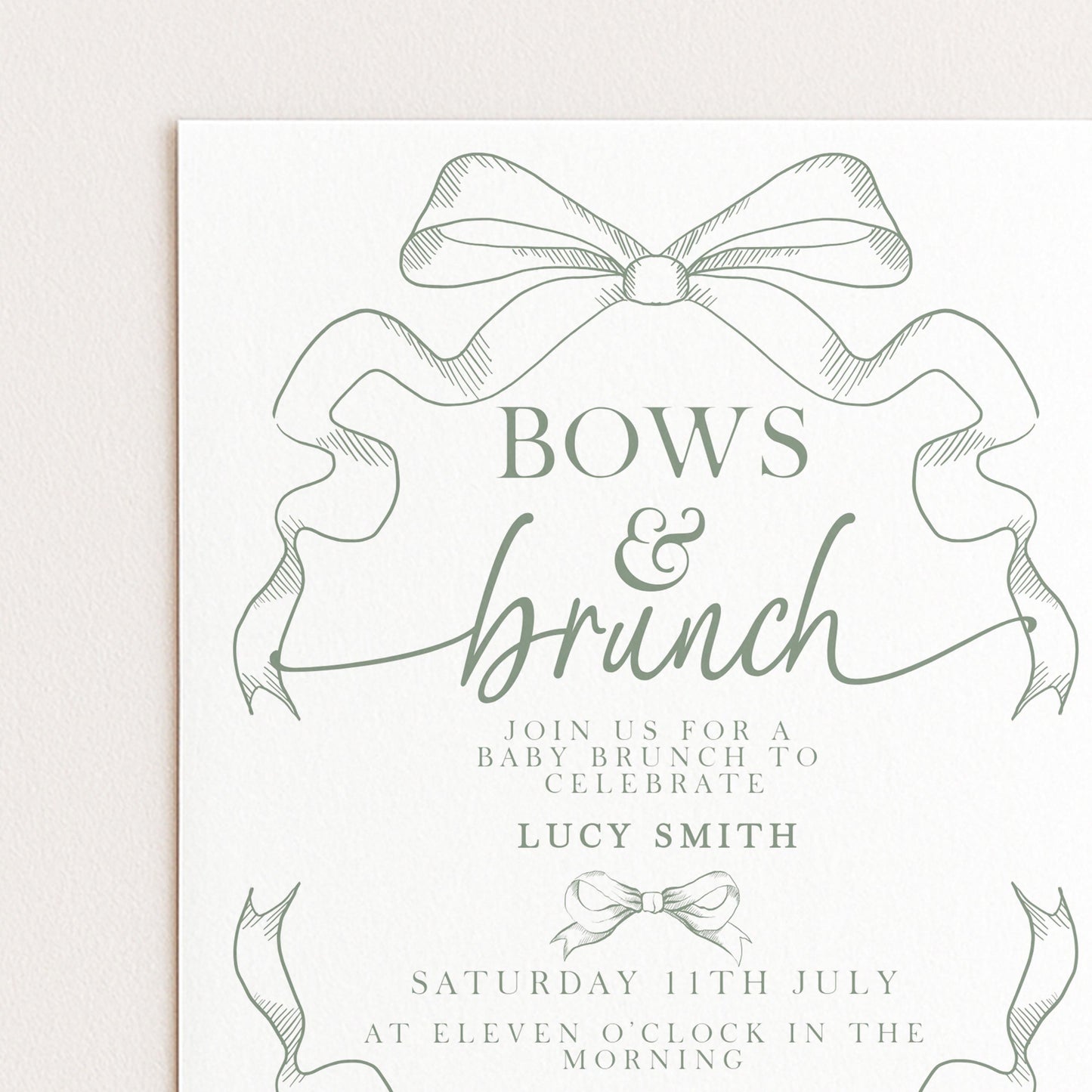 Bows and Brunch Baby Shower Invitation, Editable Green Brunch Invite, Baby Brunch Template for Girls, Printable Corjl Download PT20