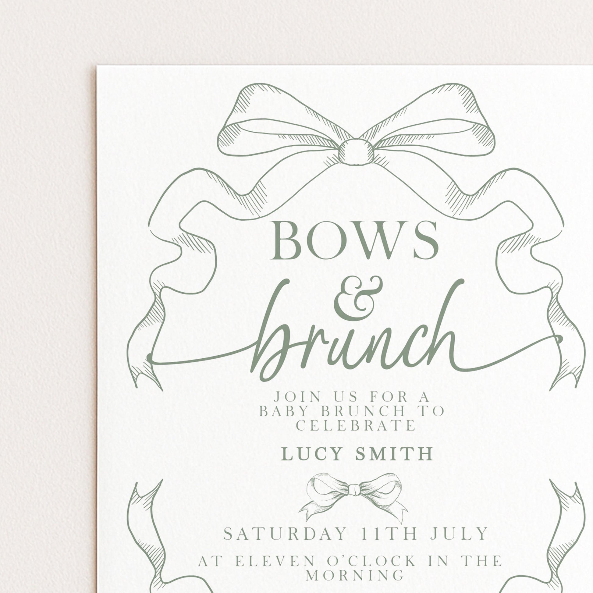 Bows and Brunch Baby Shower Invitation, Editable Green Brunch Invite, Baby Brunch Template for Girls, Printable Corjl Download PT20