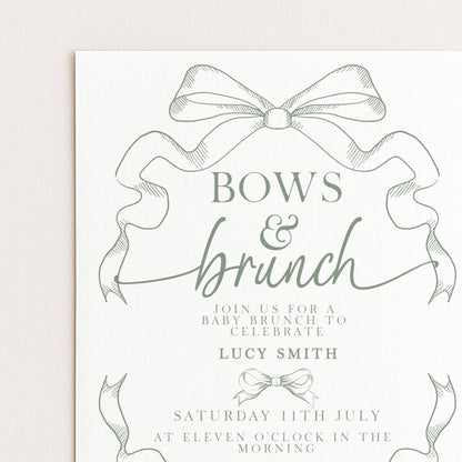 Bows and Brunch Baby Shower Invitation, Editable Green Brunch Invite, Baby Brunch Template for Girls, Printable Corjl Download PT20