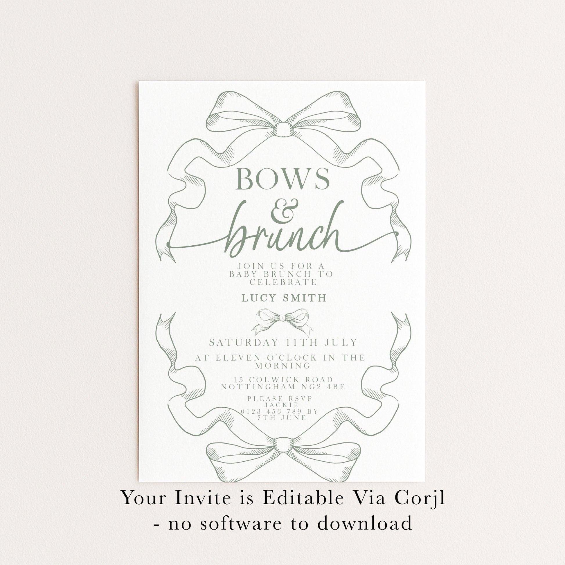 Bows and Brunch Baby Shower Invitation, Editable Green Brunch Invite, Baby Brunch Template for Girls, Printable Corjl Download PT20