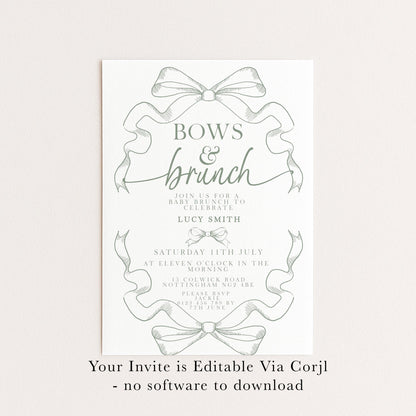 Bows and Brunch Baby Shower Invitation, Editable Green Brunch Invite, Baby Brunch Template for Girls, Printable Corjl Download PT20