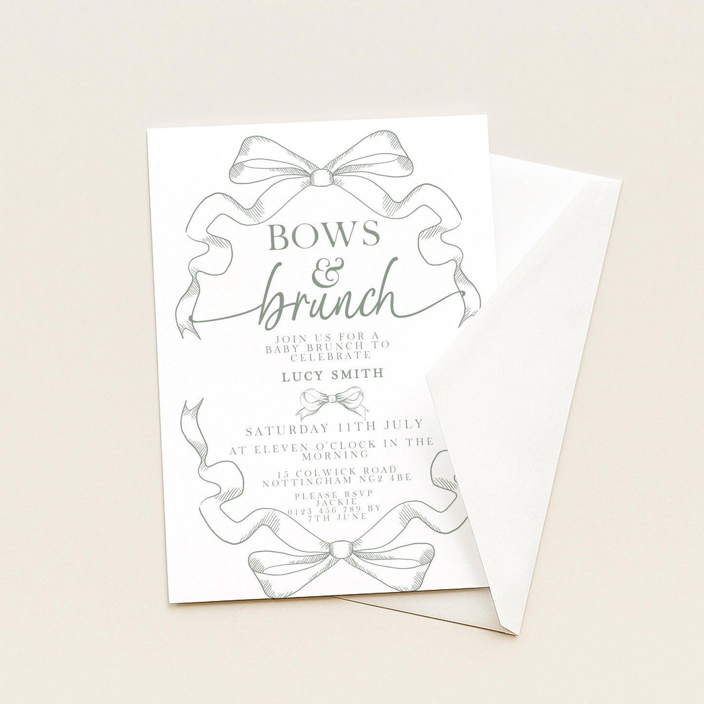 Bows and Brunch Baby Shower Invitation, Editable Green Brunch Invite, Baby Brunch Template for Girls, Printable Corjl Download PT20