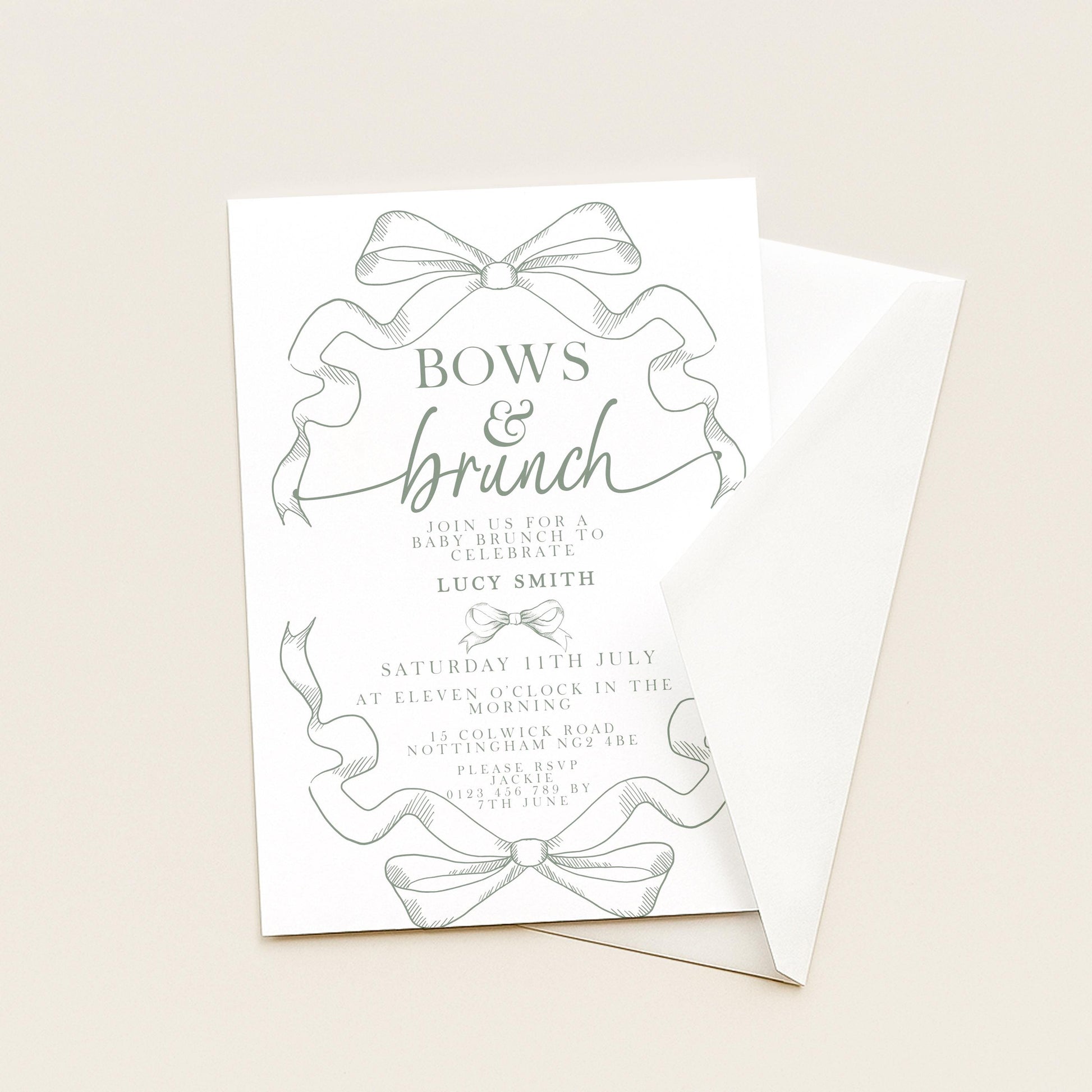 Bows and Brunch Baby Shower Invitation, Editable Green Brunch Invite, Baby Brunch Template for Girls, Printable Corjl Download PT20