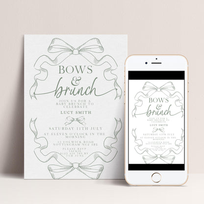 Bows and Brunch Baby Shower Invitation, Editable Green Brunch Invite, Baby Brunch Template for Girls, Printable Corjl Download PT20
