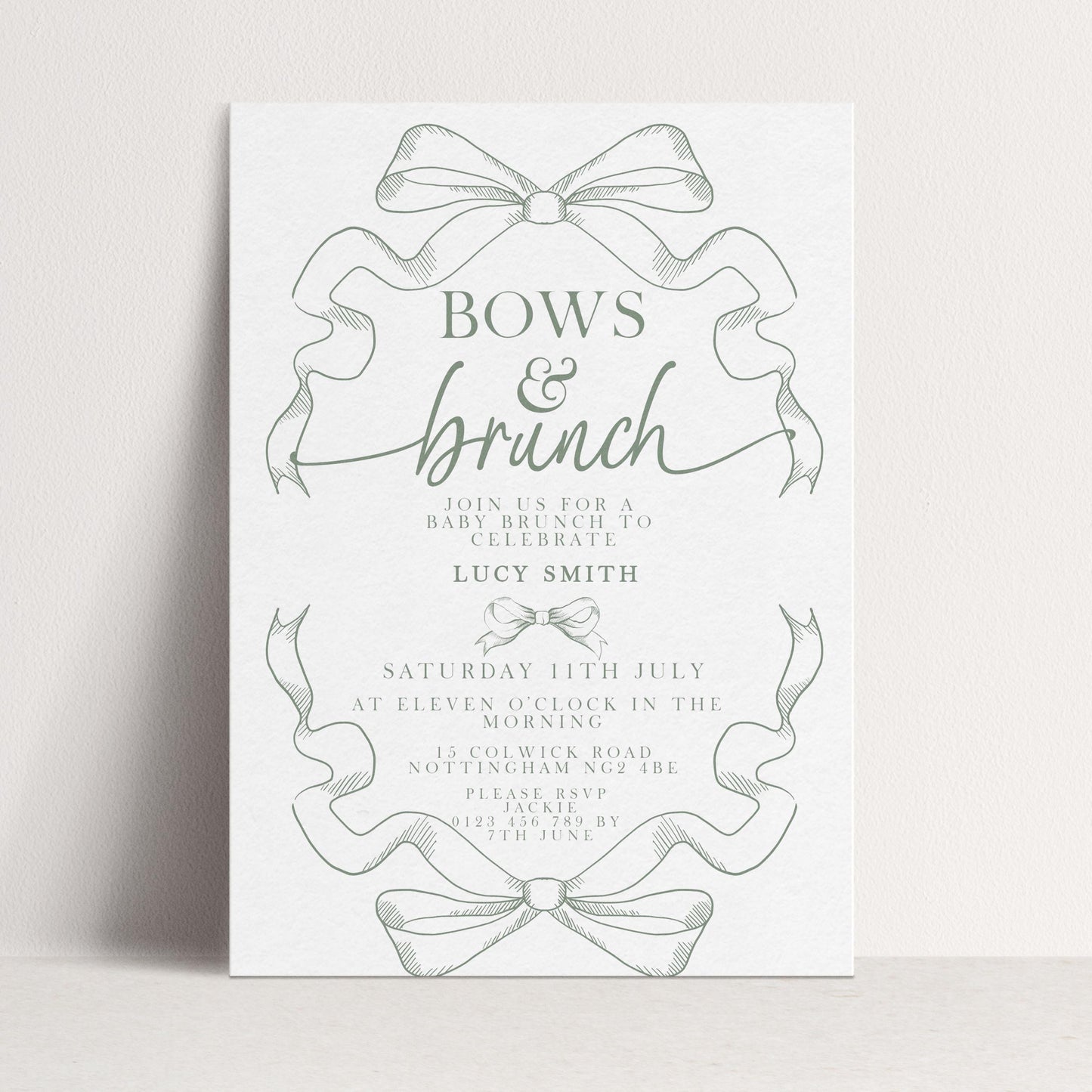 Bows and Brunch Baby Shower Invitation, Editable Green Brunch Invite, Baby Brunch Template for Girls, Printable Corjl Download PT20