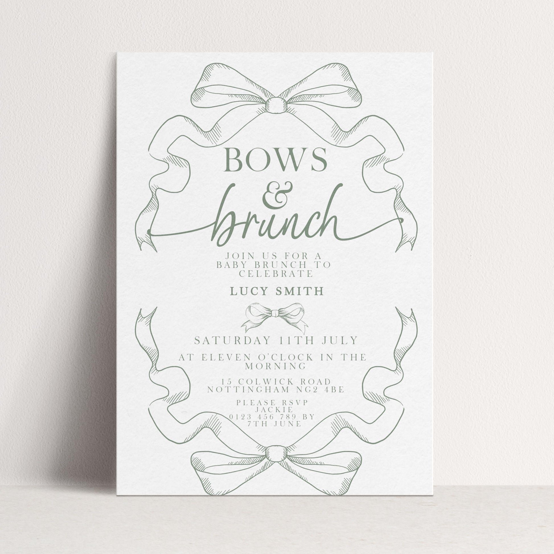 Bows and Brunch Baby Shower Invitation, Editable Green Brunch Invite, Baby Brunch Template for Girls, Printable Corjl Download PT20