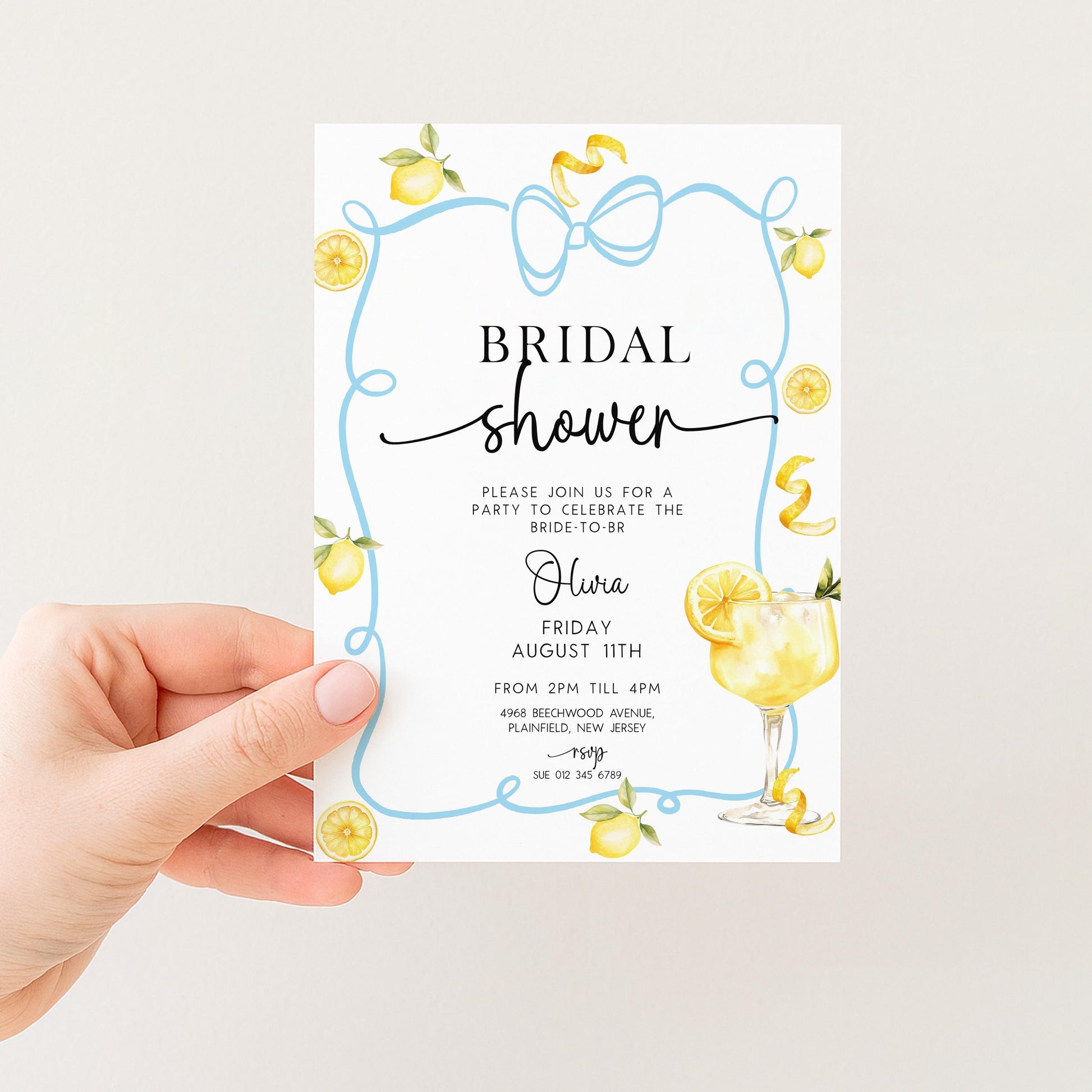 Bridal Shower Invitation Lemon Theme, Blue Bow Summer Party Invite, Citrus Hen Party Invite, Bride to Be Editable Template LM89