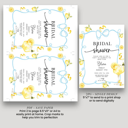 Bridal Shower Invitation Lemon Theme, Blue Bow Summer Party Invite, Citrus Hen Party Invite, Bride to Be Editable Template LM89