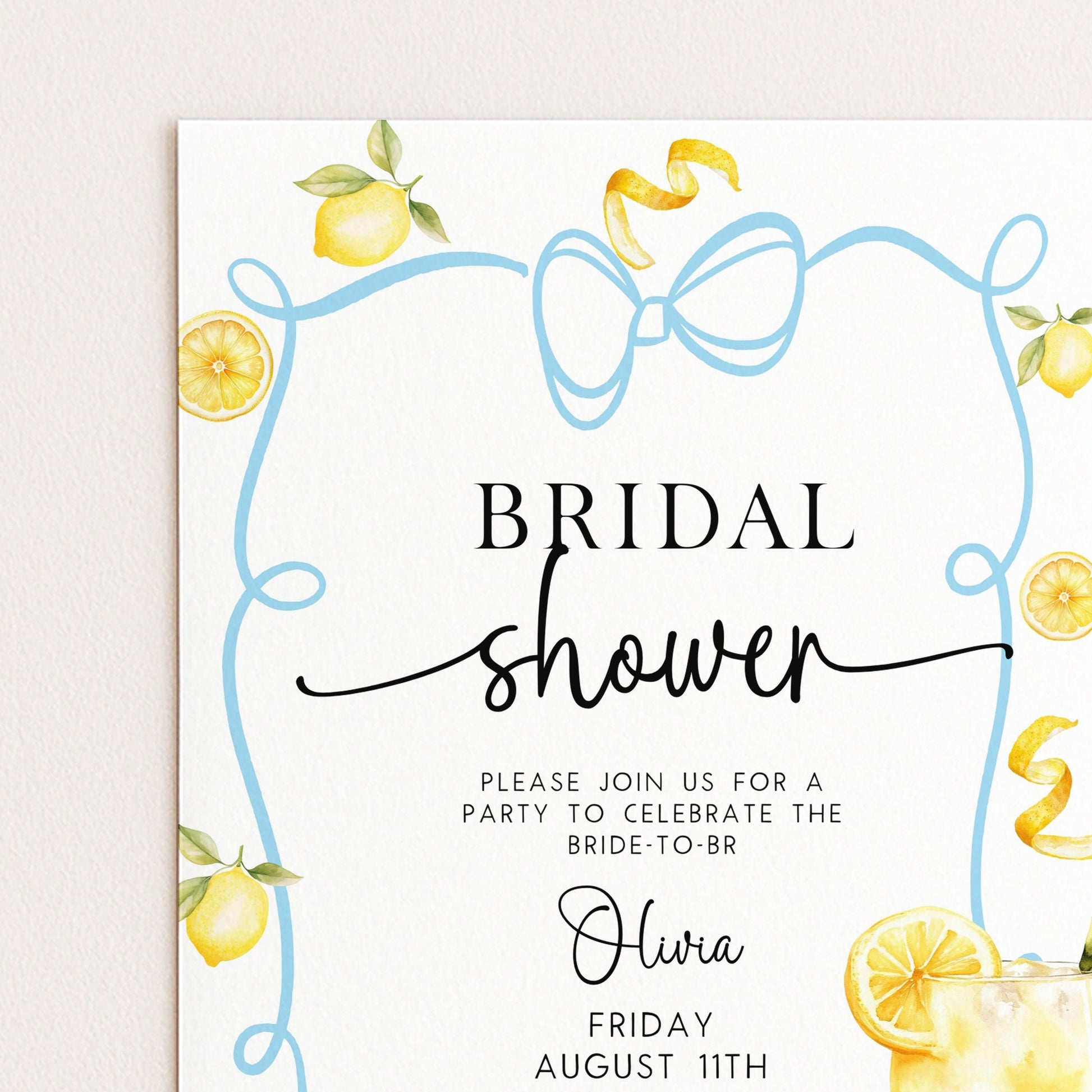 Bridal Shower Invitation Lemon Theme, Blue Bow Summer Party Invite, Citrus Hen Party Invite, Bride to Be Editable Template LM89