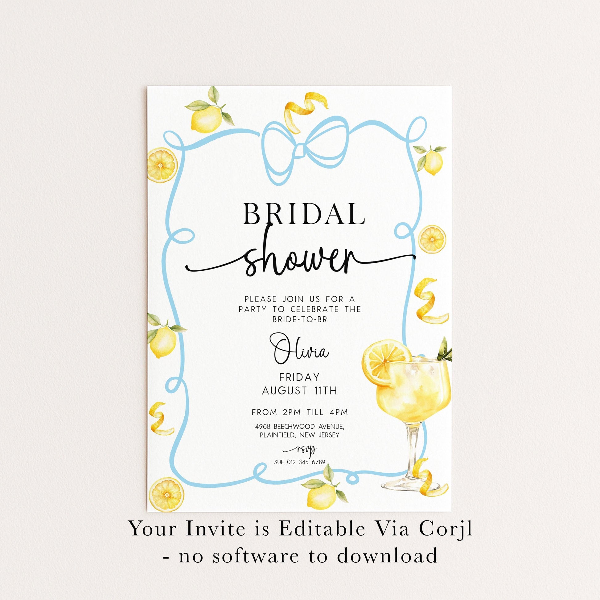 Bridal Shower Invitation Lemon Theme, Blue Bow Summer Party Invite, Citrus Hen Party Invite, Bride to Be Editable Template LM89