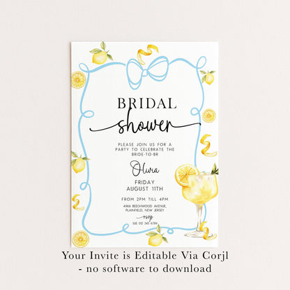 Bridal Shower Invitation Lemon Theme, Blue Bow Summer Party Invite, Citrus Hen Party Invite, Bride to Be Editable Template LM89
