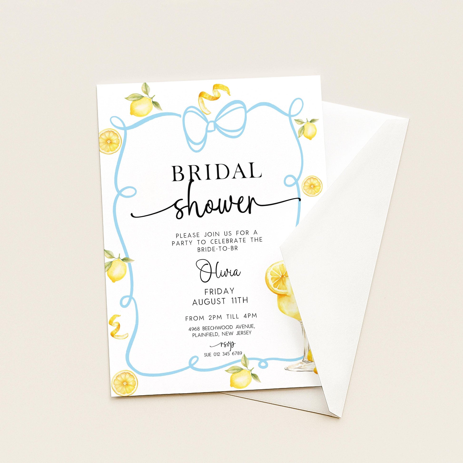 Bridal Shower Invitation Lemon Theme, Blue Bow Summer Party Invite, Citrus Hen Party Invite, Bride to Be Editable Template LM89