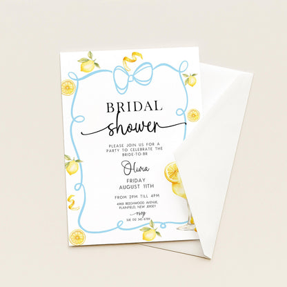 Bridal Shower Invitation Lemon Theme, Blue Bow Summer Party Invite, Citrus Hen Party Invite, Bride to Be Editable Template LM89