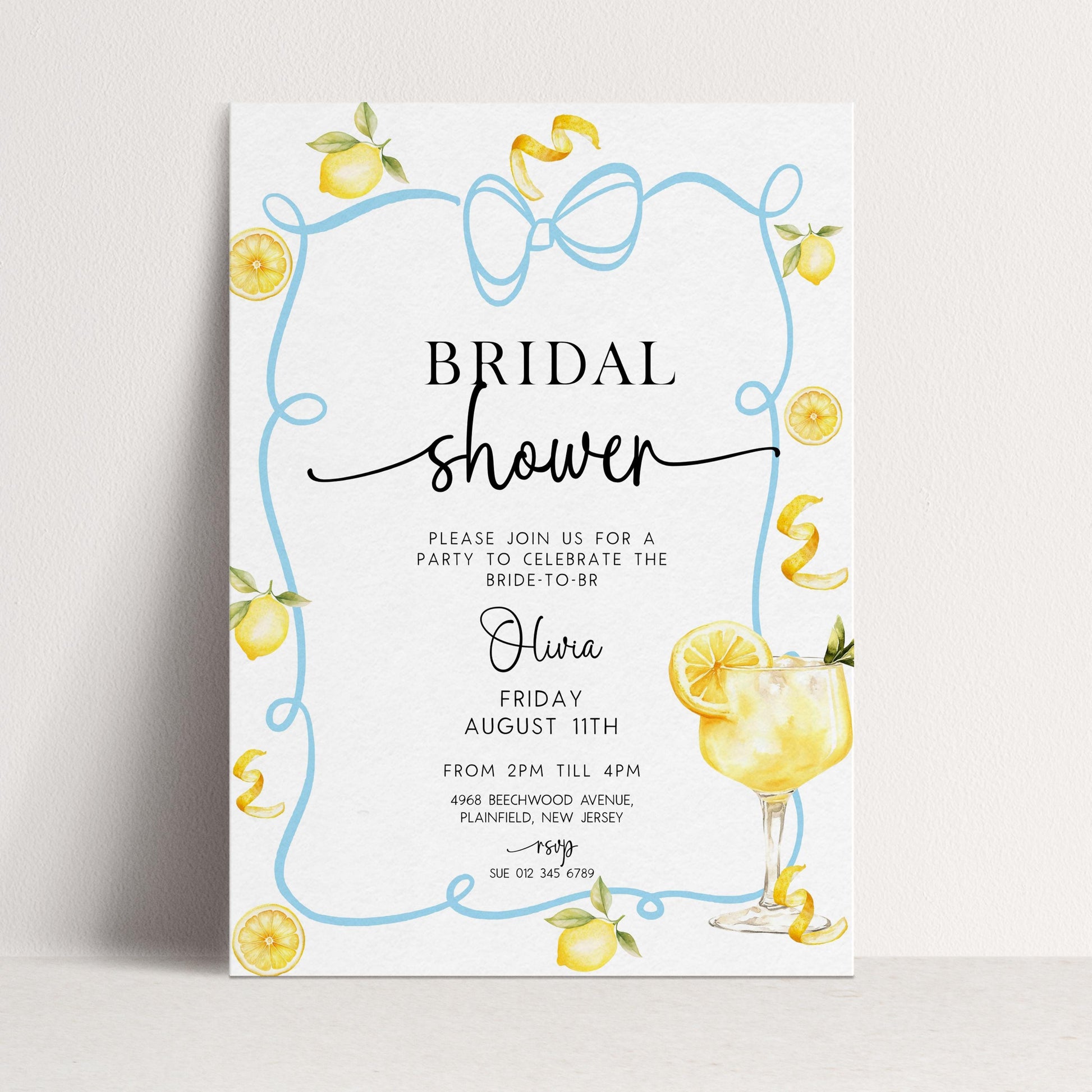Bridal Shower Invitation Lemon Theme, Blue Bow Summer Party Invite, Citrus Hen Party Invite, Bride to Be Editable Template LM89
