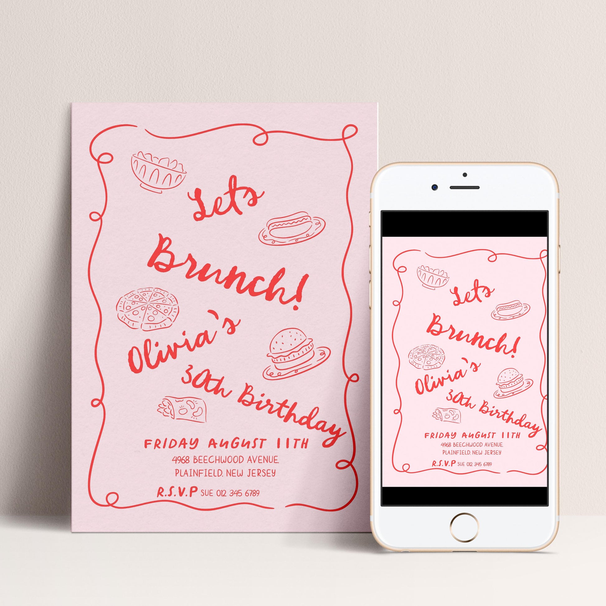 Brunch Party Invitation Fun Food Theme, Birthday Brunch Invite, Girls Lunch Party, Casual Celebration Editable Template