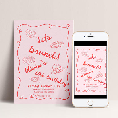 Brunch Party Invitation Fun Food Theme, Birthday Brunch Invite, Girls Lunch Party, Casual Celebration Editable Template