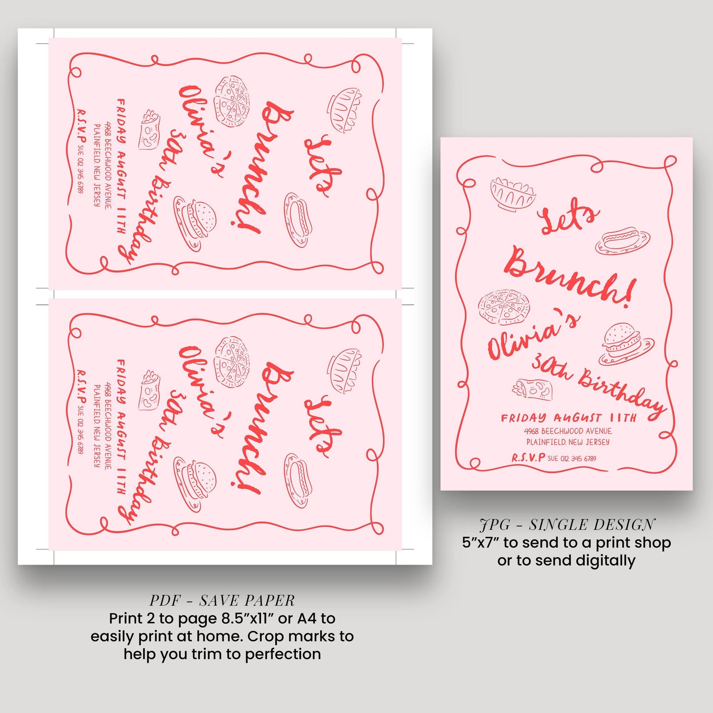 Brunch Party Invitation Fun Food Theme, Birthday Brunch Invite, Girls Lunch Party, Casual Celebration Editable Template