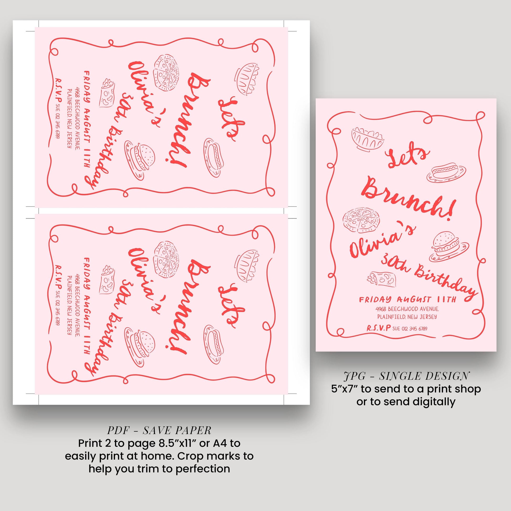 Brunch Party Invitation Fun Food Theme, Birthday Brunch Invite, Girls Lunch Party, Casual Celebration Editable Template
