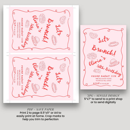 Brunch Party Invitation Fun Food Theme, Birthday Brunch Invite, Girls Lunch Party, Casual Celebration Editable Template