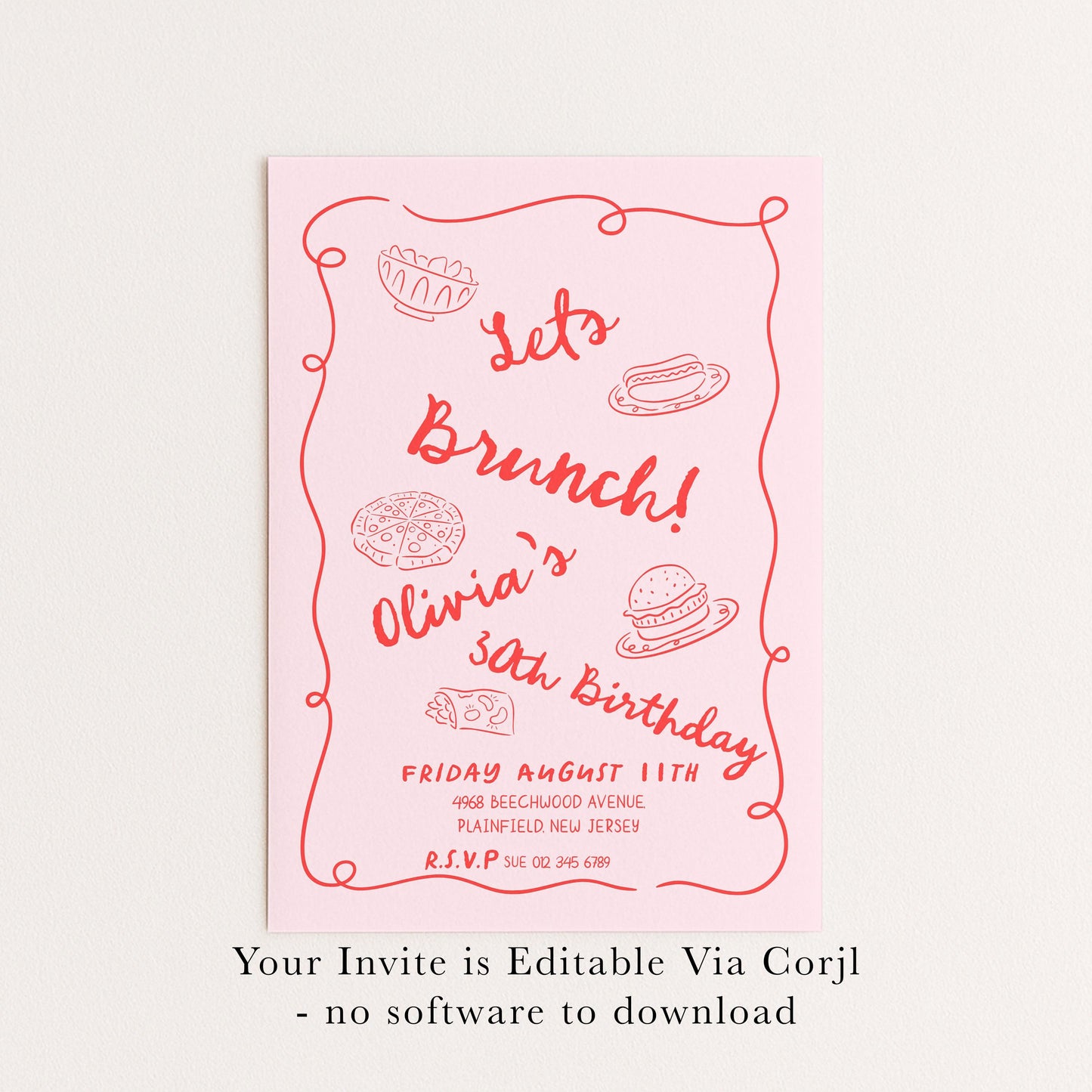 Brunch Party Invitation Fun Food Theme, Birthday Brunch Invite, Girls Lunch Party, Casual Celebration Editable Template