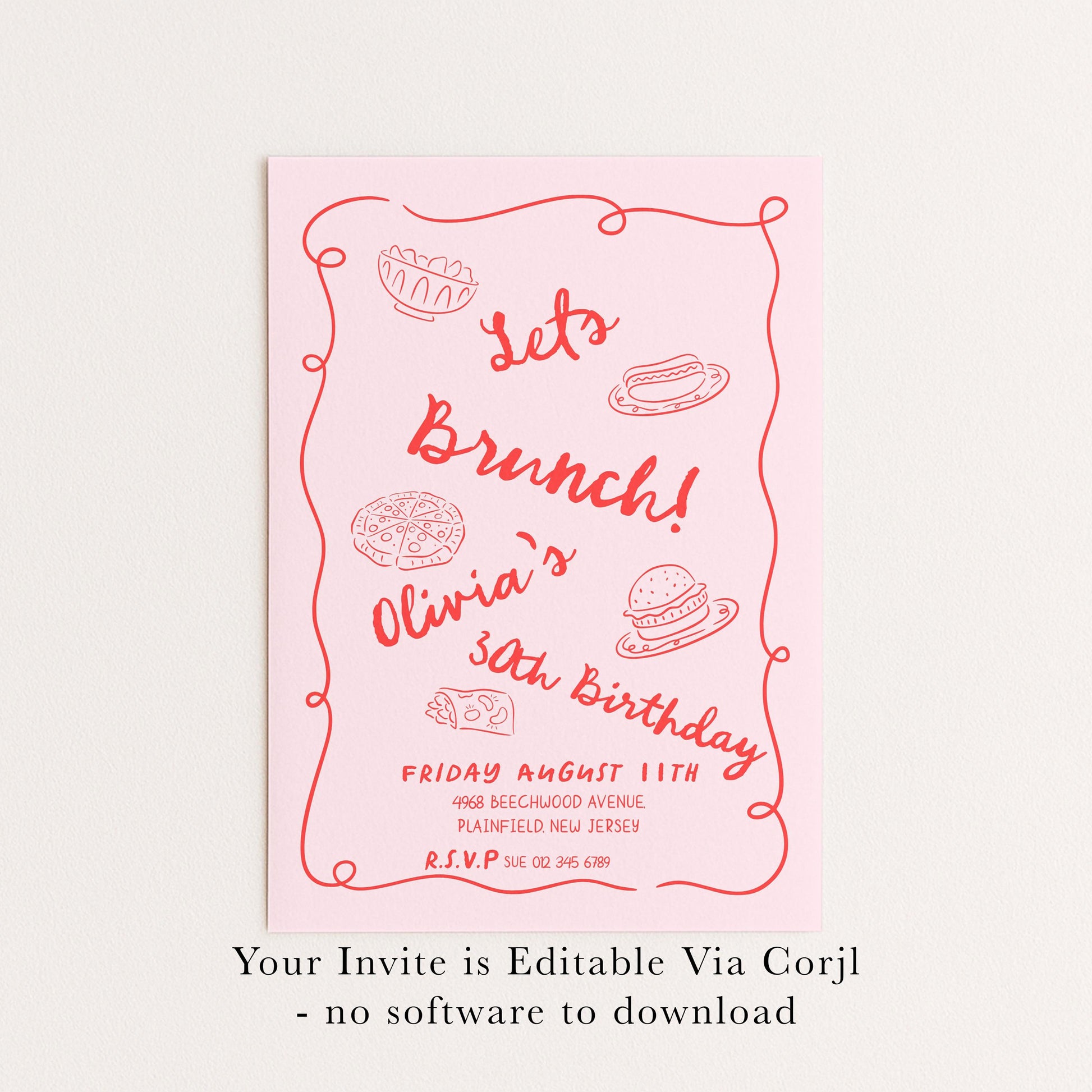Brunch Party Invitation Fun Food Theme, Birthday Brunch Invite, Girls Lunch Party, Casual Celebration Editable Template