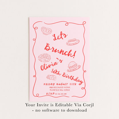 Brunch Party Invitation Fun Food Theme, Birthday Brunch Invite, Girls Lunch Party, Casual Celebration Editable Template