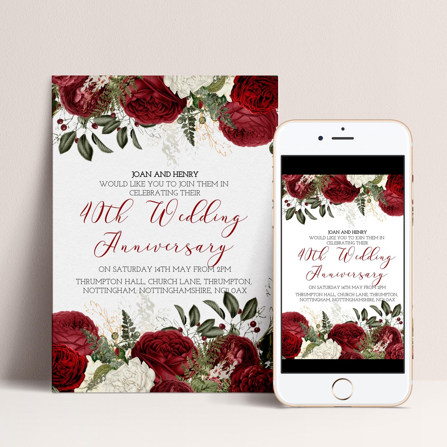 Burgundy 40th Wedding Anniversary Invitation Download – Ruby Red Floral Digital Download Invite, Elegant Printable Template