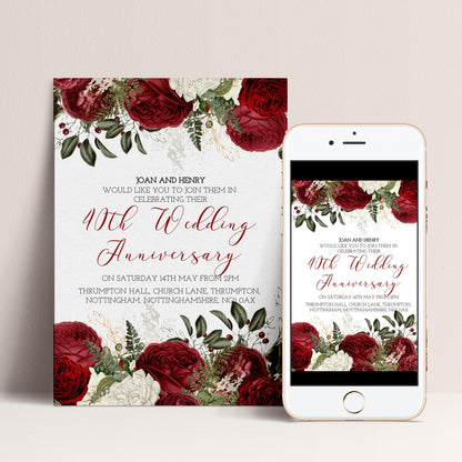 Burgundy 40th Wedding Anniversary Invitation Download – Ruby Red Floral Digital Download Invite, Elegant Printable Template