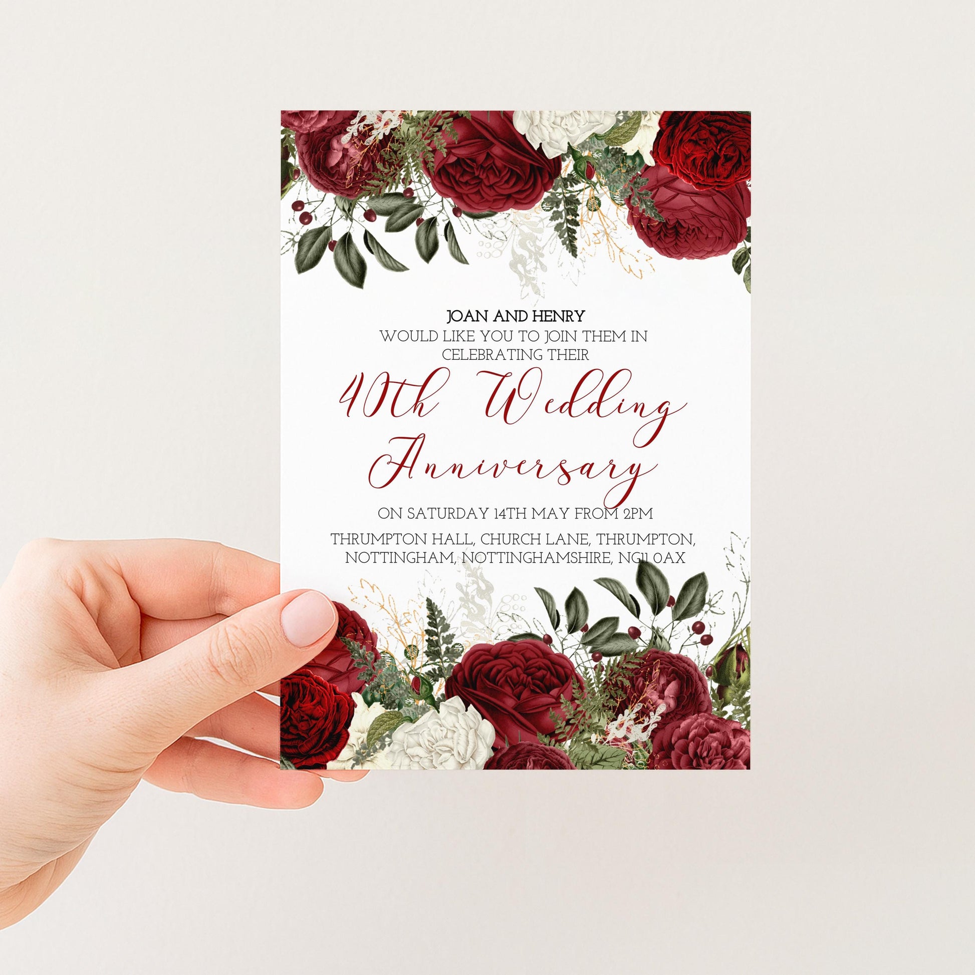 Burgundy 40th Wedding Anniversary Invitation Download – Ruby Red Floral Digital Download Invite, Elegant Printable Template