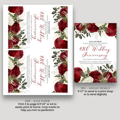 Burgundy 40th Wedding Anniversary Invitation Download – Ruby Red Floral Digital Download Invite, Elegant Printable Template