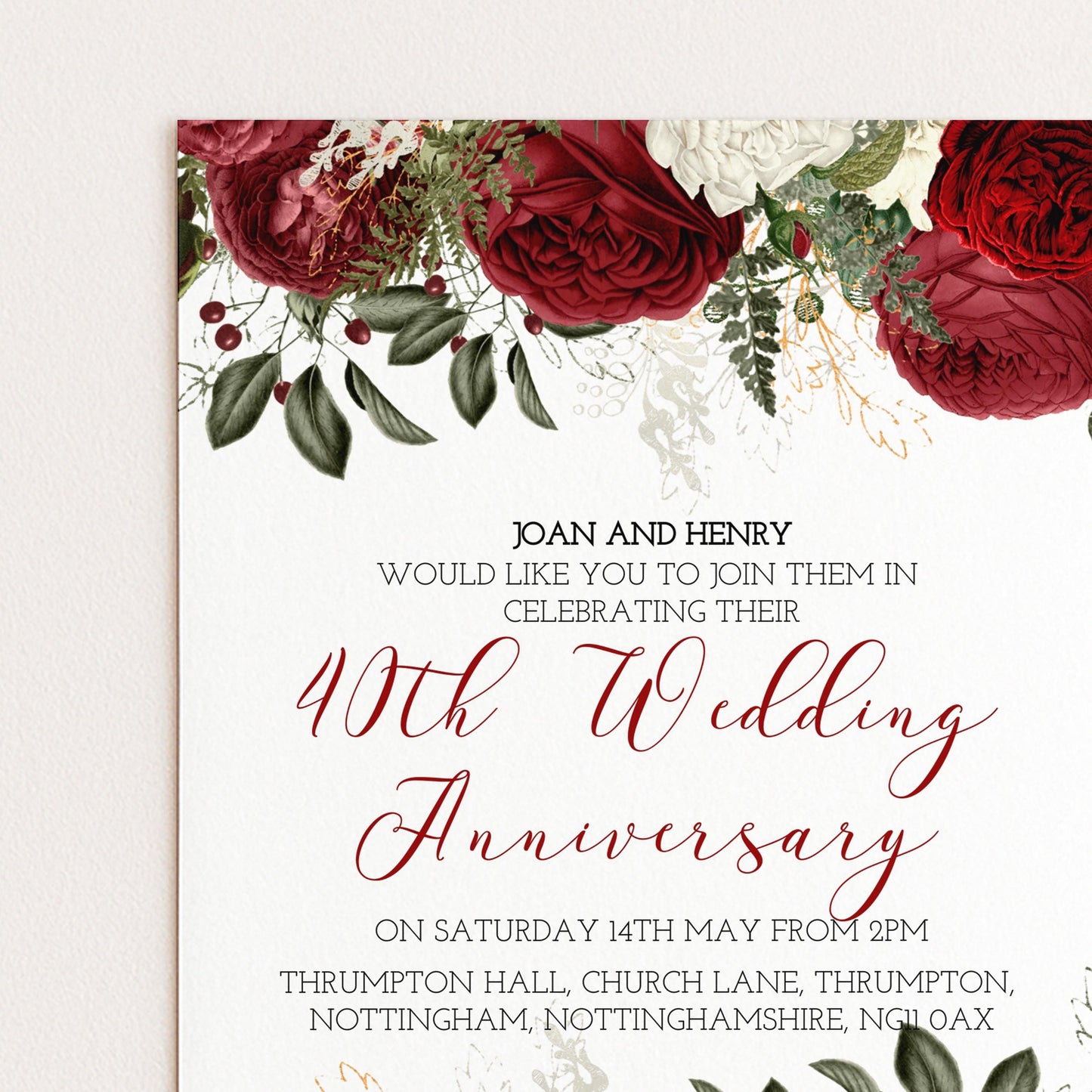 Burgundy 40th Wedding Anniversary Invitation Download – Ruby Red Floral Digital Download Invite, Elegant Printable Template