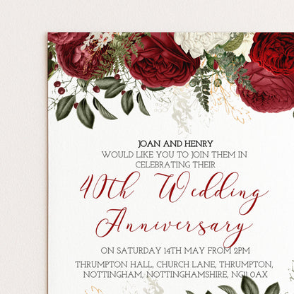 Burgundy 40th Wedding Anniversary Invitation Download – Ruby Red Floral Digital Download Invite, Elegant Printable Template