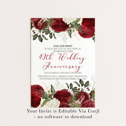 Burgundy 40th Wedding Anniversary Invitation Download – Ruby Red Floral Digital Download Invite, Elegant Printable Template