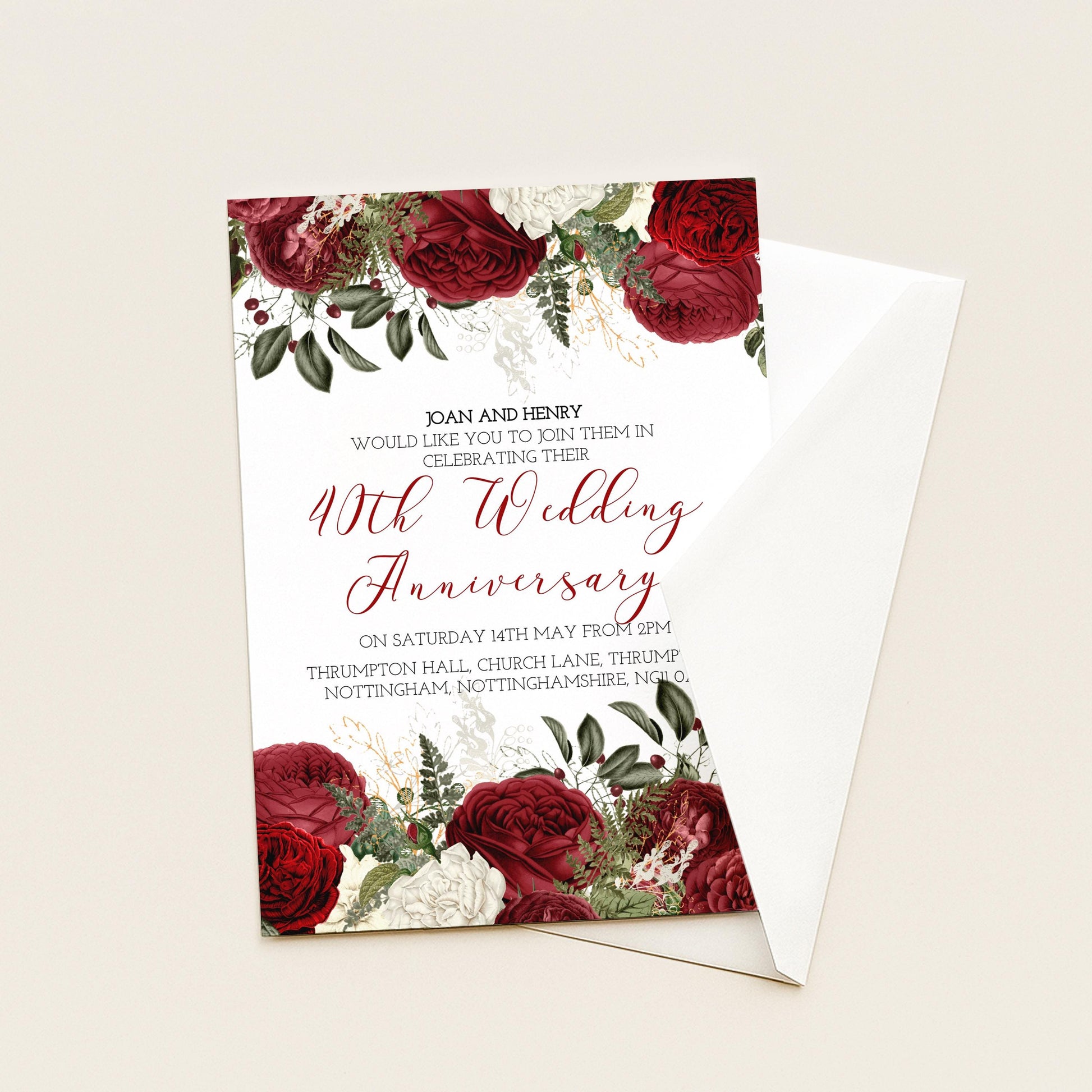 Burgundy 40th Wedding Anniversary Invitation Download – Ruby Red Floral Digital Download Invite, Elegant Printable Template