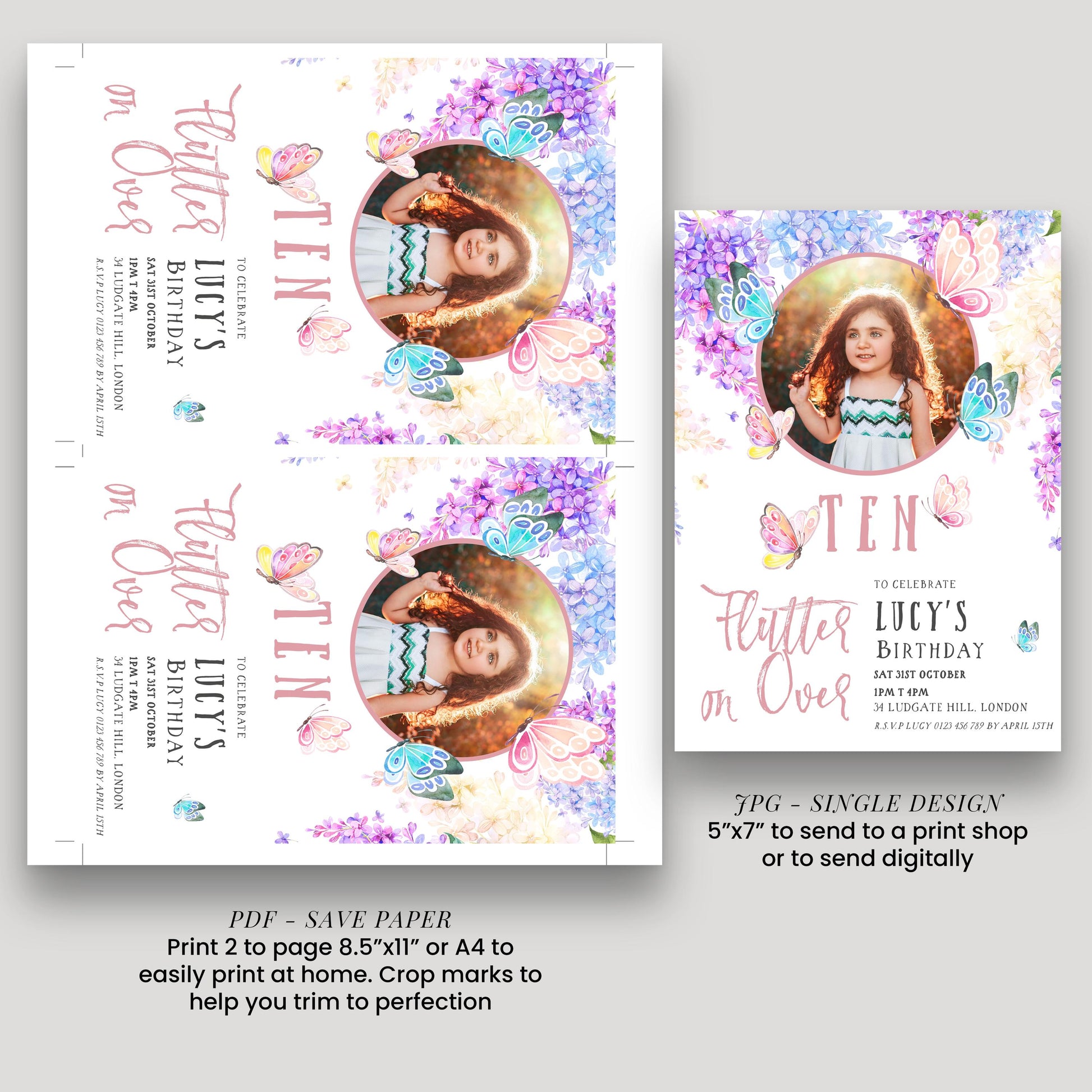 The image is a birthday invitation for a girl named Lucy, celebrating her 10th birthday. The invitation features a photo of the girl and is printed in two sizes: a larger version for a print shop and a smaller version for digital distribution. The invitation includes details about the event, such as the date, time, location, and a message to celebrate Lucy's birthday.