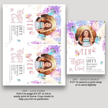 The image is a birthday invitation for a girl named Lucy, celebrating her 10th birthday. The invitation features a photo of the girl and is printed in two sizes: a larger version for a print shop and a smaller version for digital distribution. The invitation includes details about the event, such as the date, time, location, and a message to celebrate Lucy's birthday.