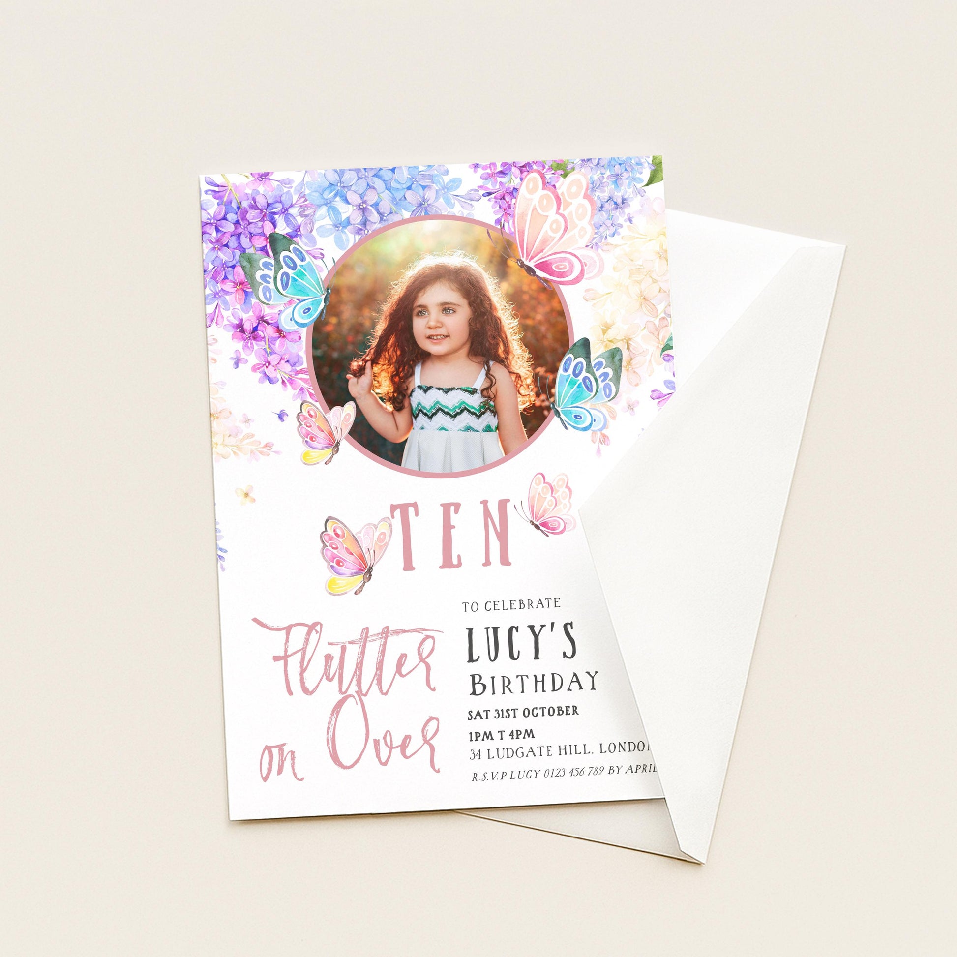 The image is a birthday invitation for a young girl named Lucy, celebrating her 10th birthday.
