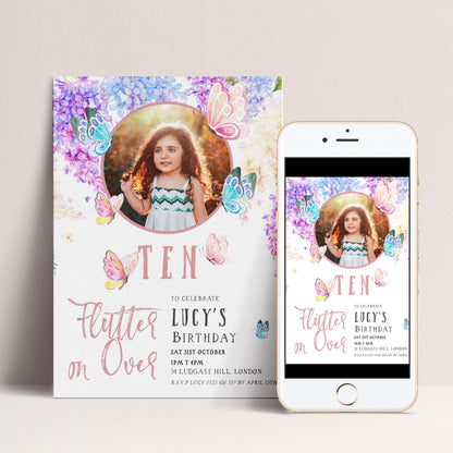 The image is a birthday invitation for a young girl named Lucy, celebrating her 10th birthday. The invitation features a photo of the girl surrounded by colorful butterflies and flowers, along with the text "Flytter on Over" and the date and time of the party.
